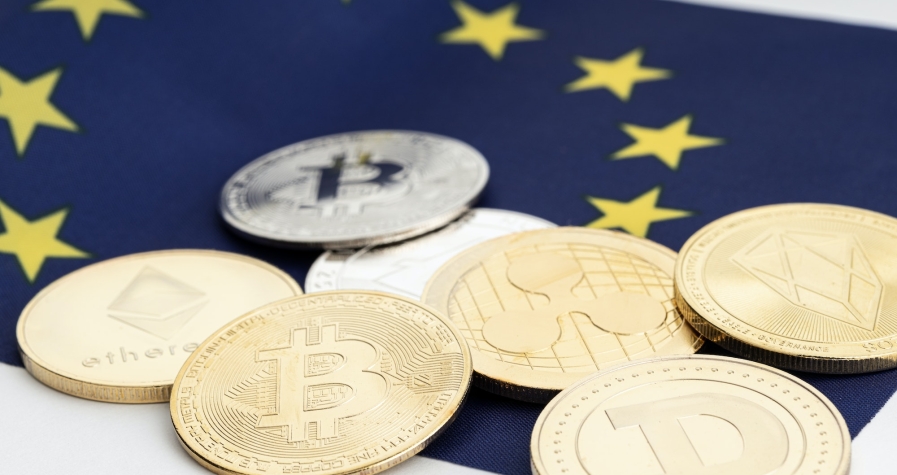 Crypto coins on European Union flag